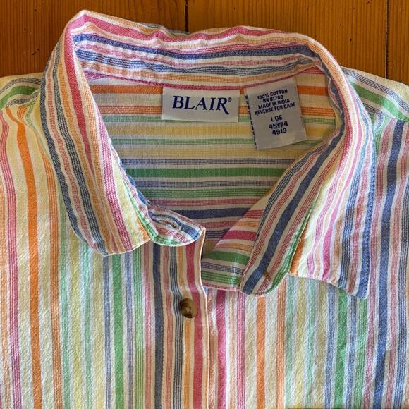 Blair Women's Retro Rainbow Stripe Cotton Button Down Short‎ Sleeve Collared Top - Picture 5 of 5